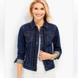 Talbots Ruffle Dark Wash Denim Jean Jacket Stretchy Size Medium